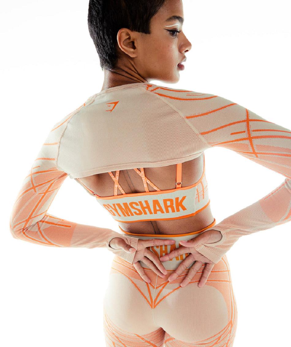 Gymshark Wtflex Linear Seamless Long Sleeve Shrug Ženske Ošišane Majice Sive Narančaste Bijele | HR 3633FDN